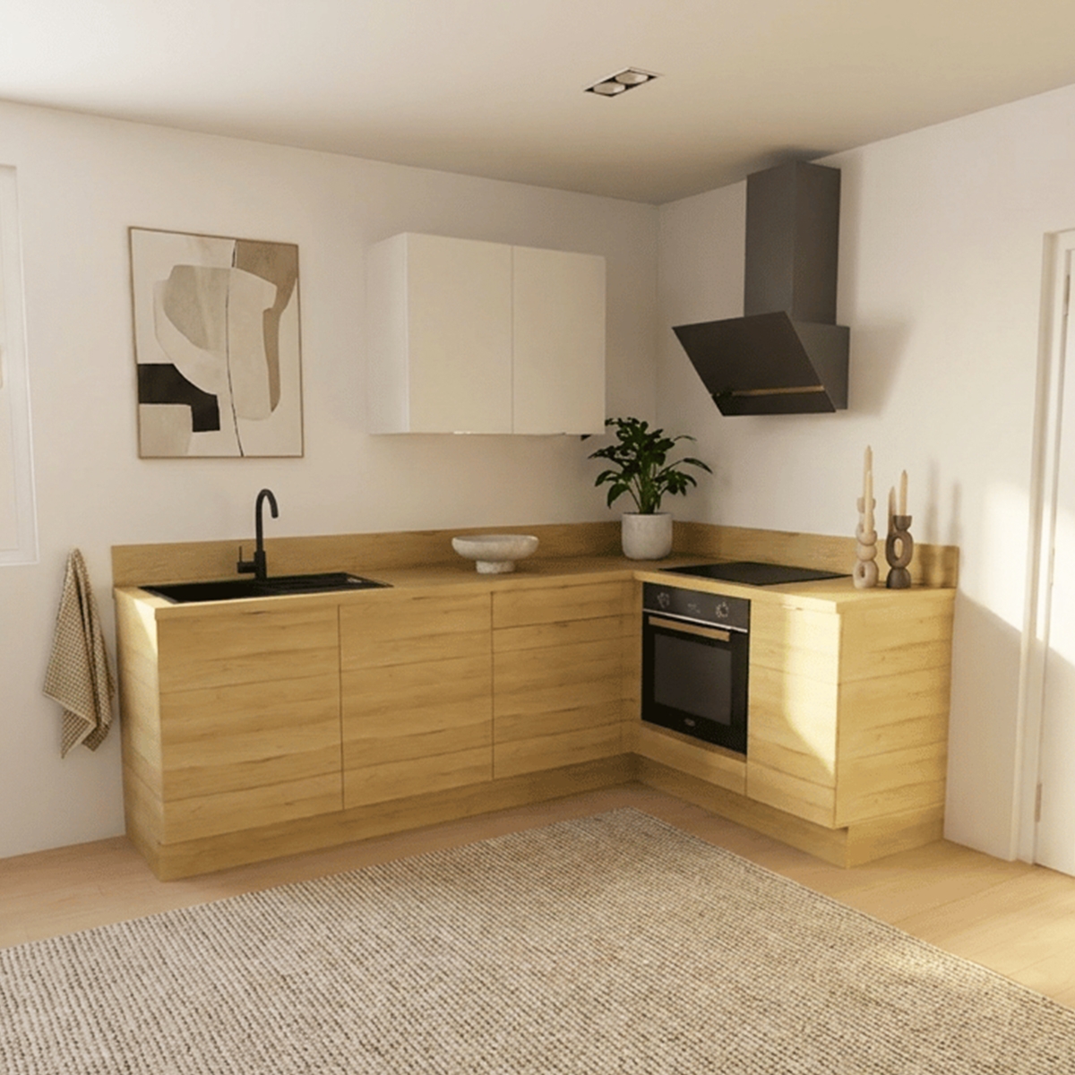 Cuisine complète en angle four à droite Bois et Blanc mat 280 cm 