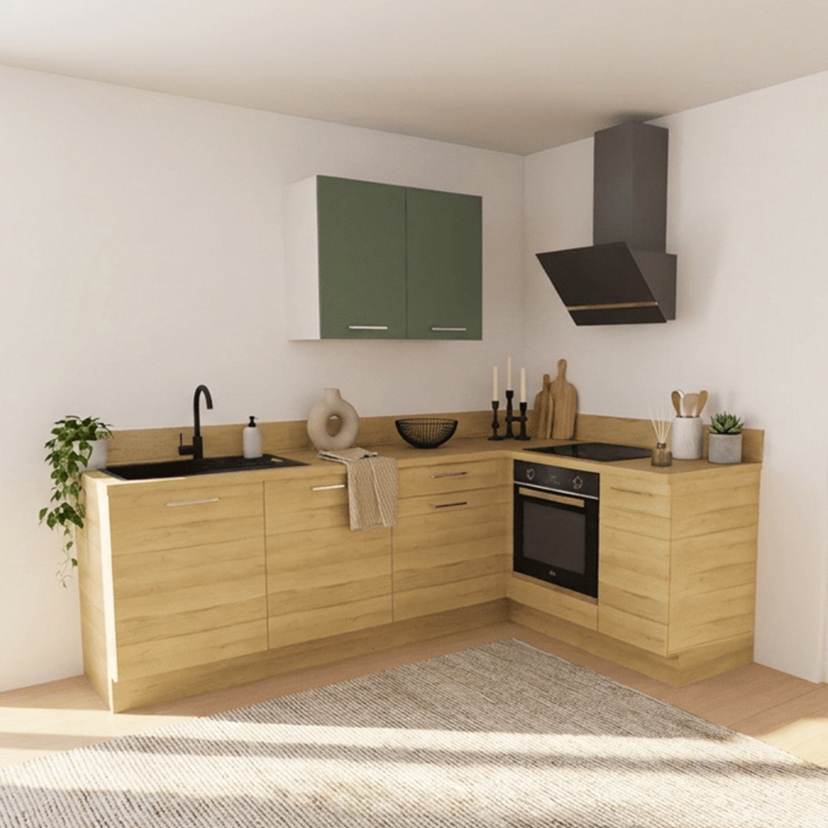 Cuisine complète en angle four à droite Bois et Vert mat 280 cm - Avec Plan de travail
