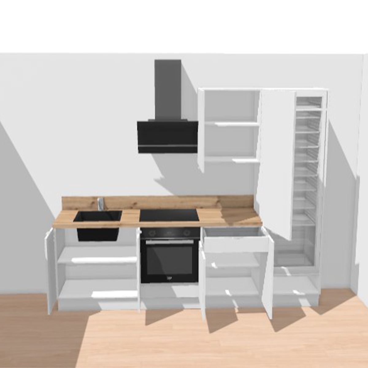 Cuisine complète Bois et Blanc mat 260 cm avec meuble colonne