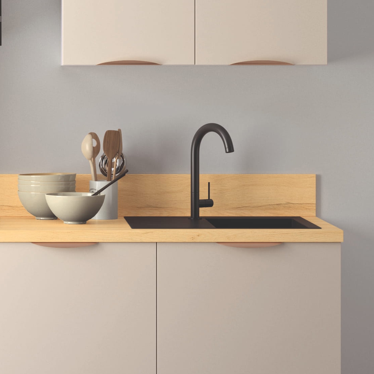Cuisine complète Lin mat 240 cm avec meuble colonne