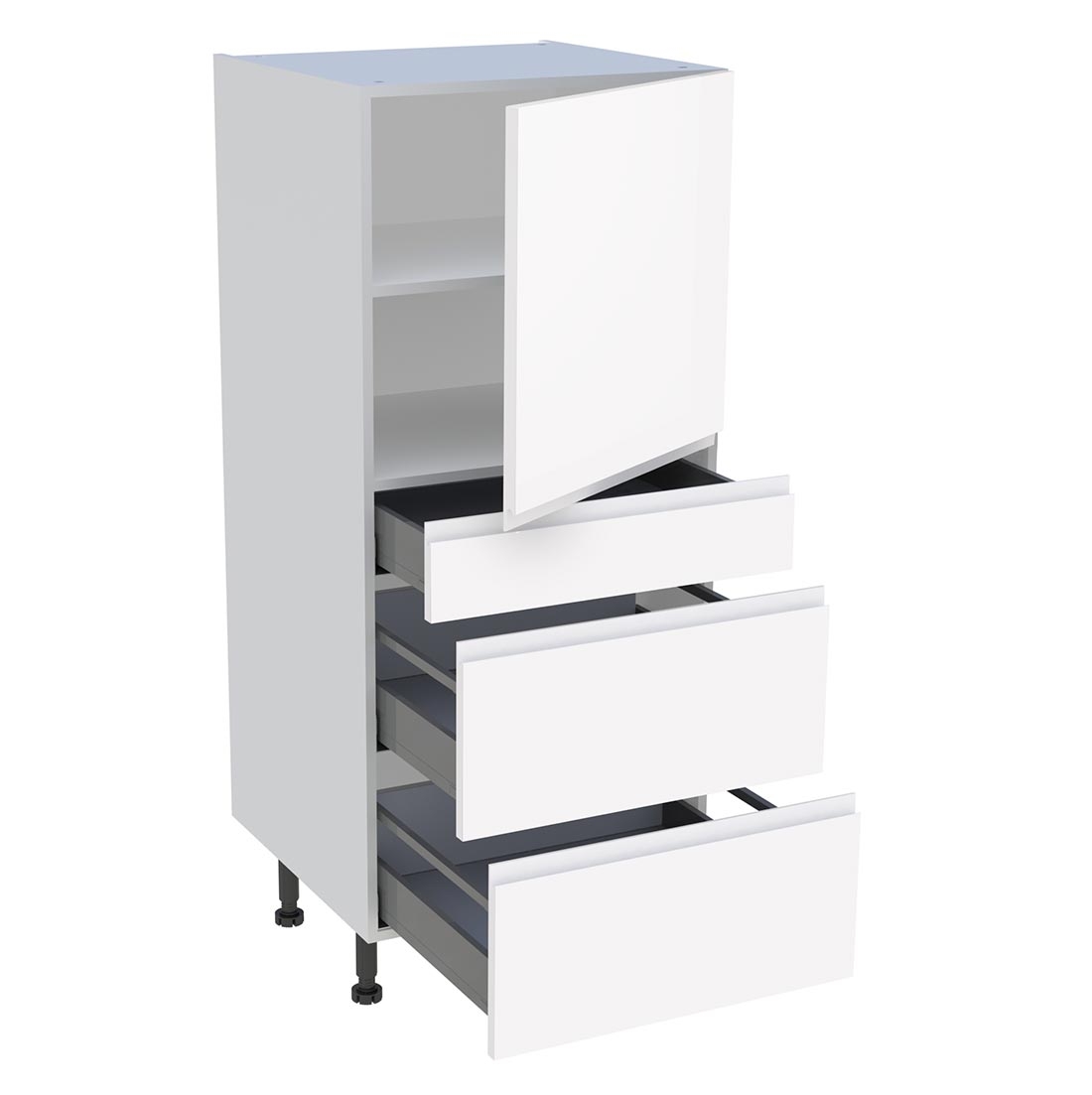 Demi colonne cuisine 1 porte, 1 tiroir, 2 casseroliers H. 129,6 cm x L. 60 cm - Blanc brillant sans poignée