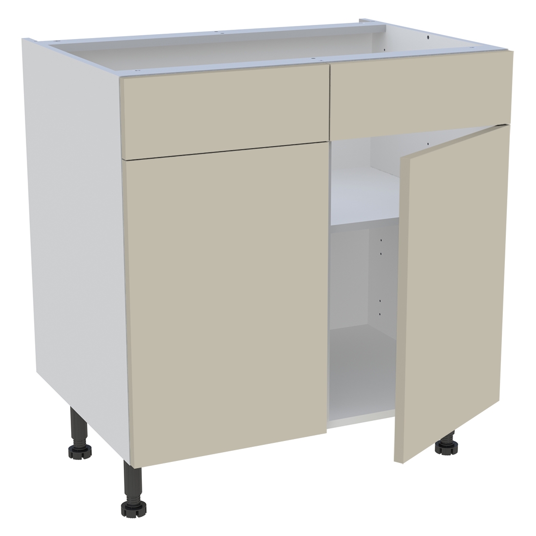 Meuble bas cuisine 2 portes, 2 faux tiroirs H. 87 cm x L. 80 cm - Beige mat