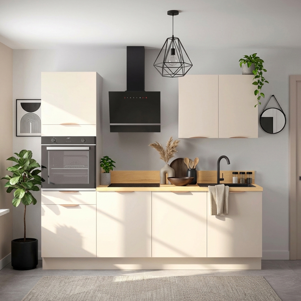 Cuisine complète Lin mat 240 cm avec meuble colonne - Avec Plan de travail
