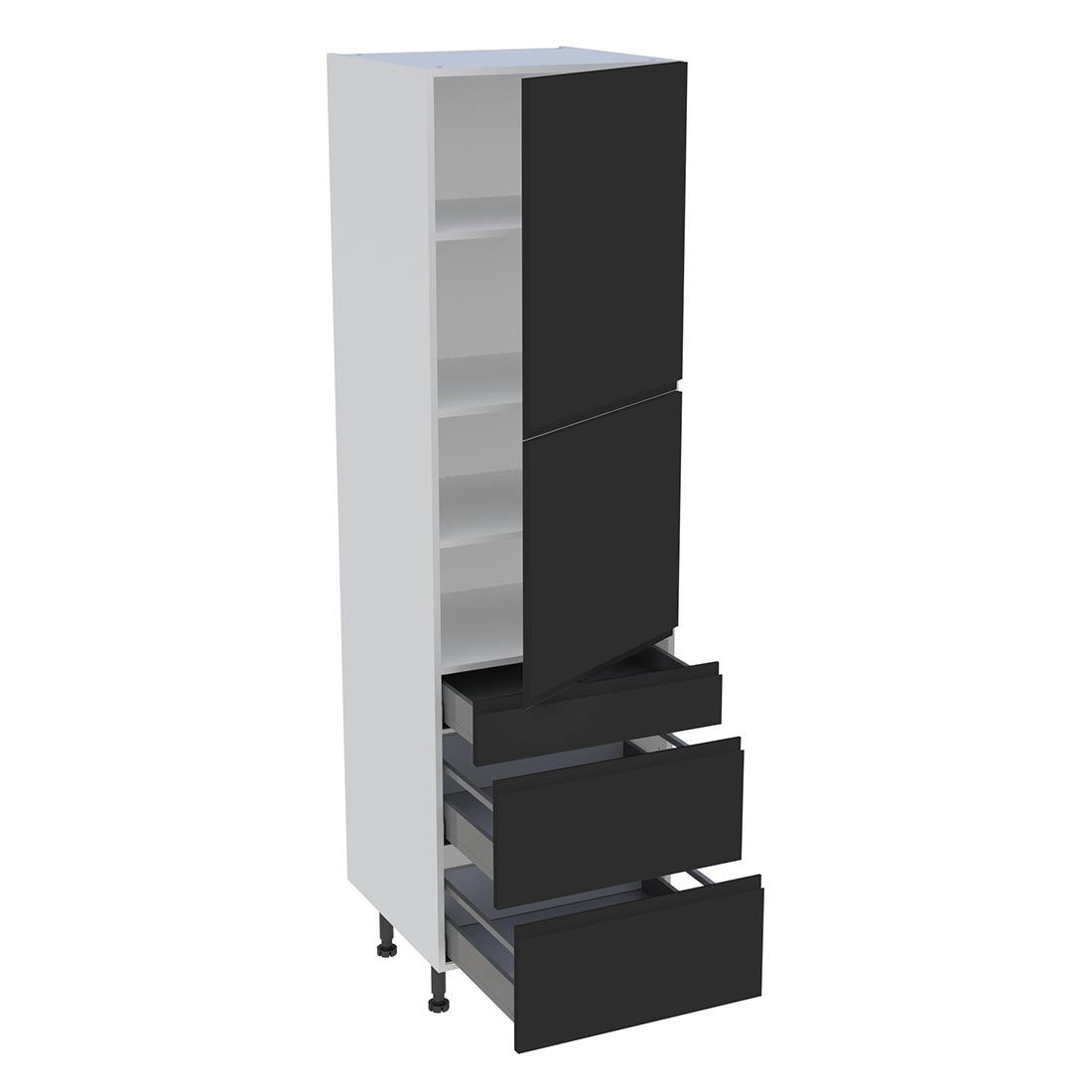 Colonne cuisine 2 portes, 1 tiroir, 2 casseroliers H. 216,6 cm x L. 60 cm - Noir mat sans poignée