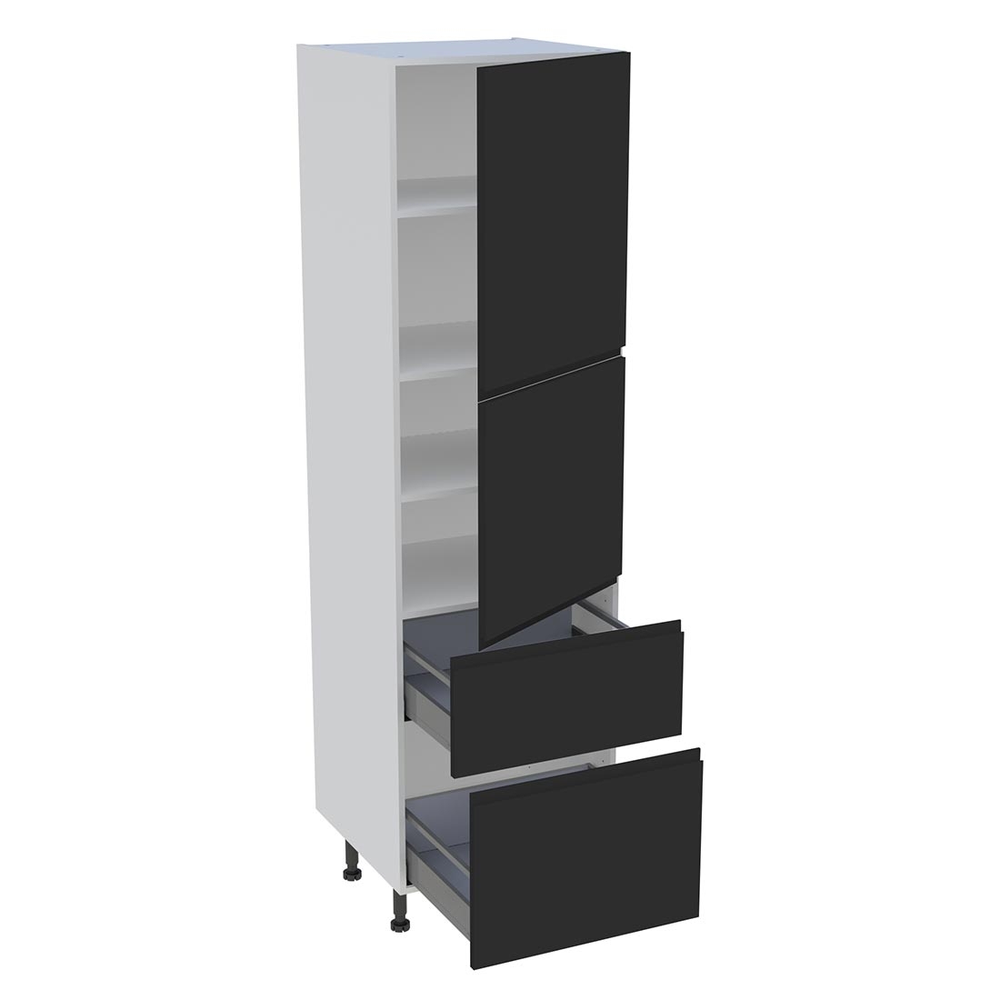Colonne cuisine 2 portes, 2 casseroliers H. 216,6 cm x L. 60 cm - Noir mat sans poignée