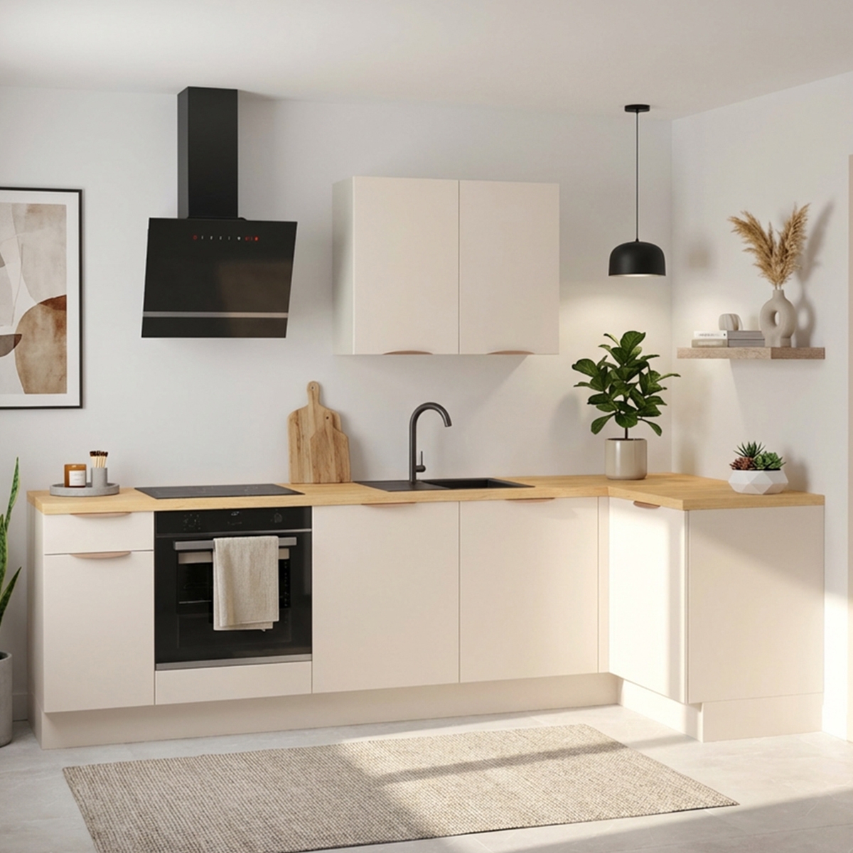 Cuisine complète en angle Lin mat 280 cm - Avec Plan de travail
