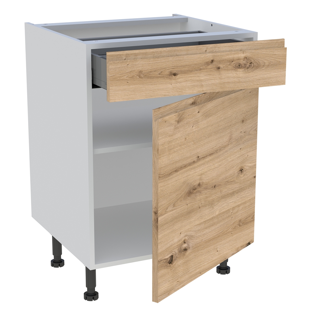 Meuble bas cuisine 1 porte, 1 tiroir H. 87 cm x L. 60 cm - Chêne naturel sans poignée