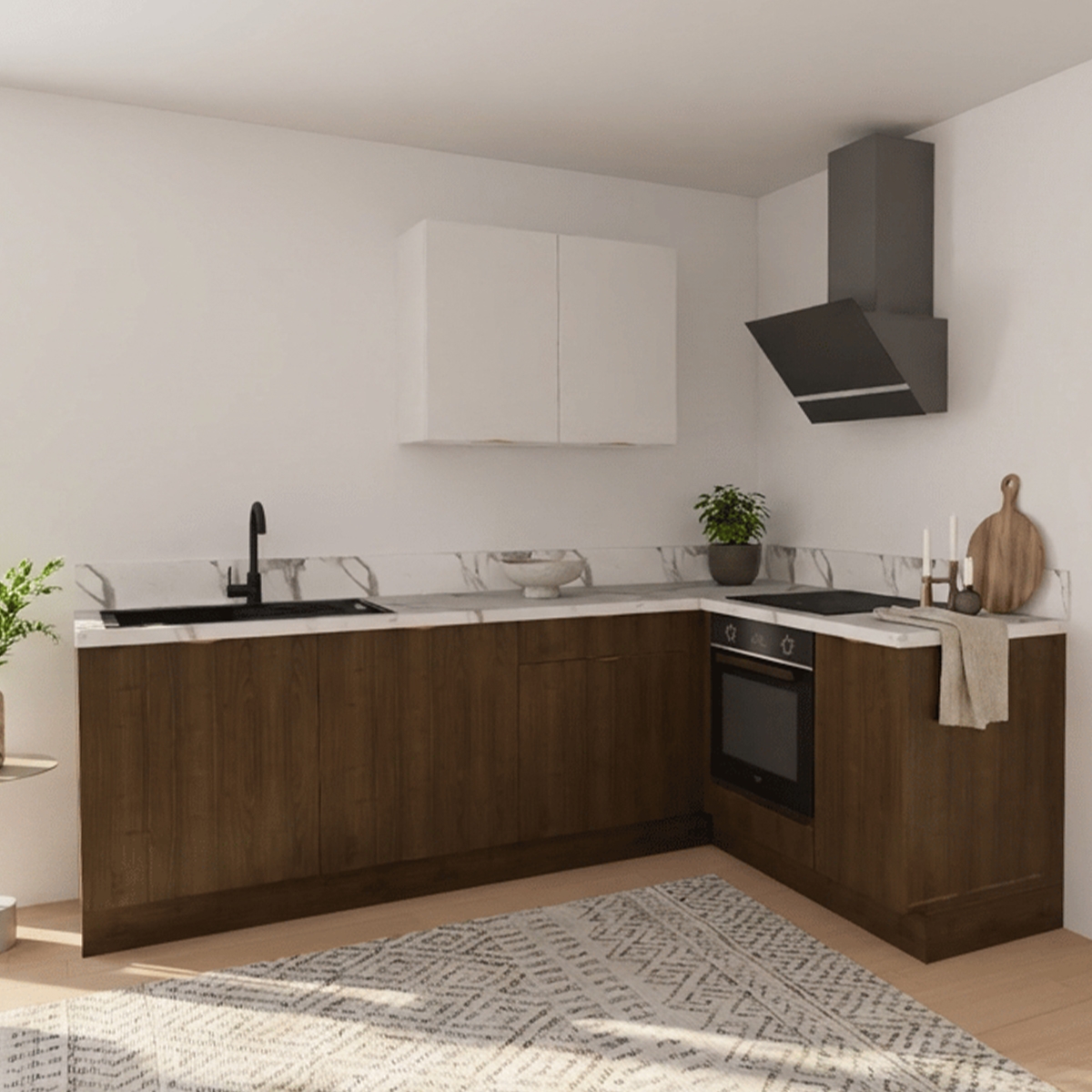 Cuisine complète en angle four à droite Noyer et Blanc mat 280 cm 