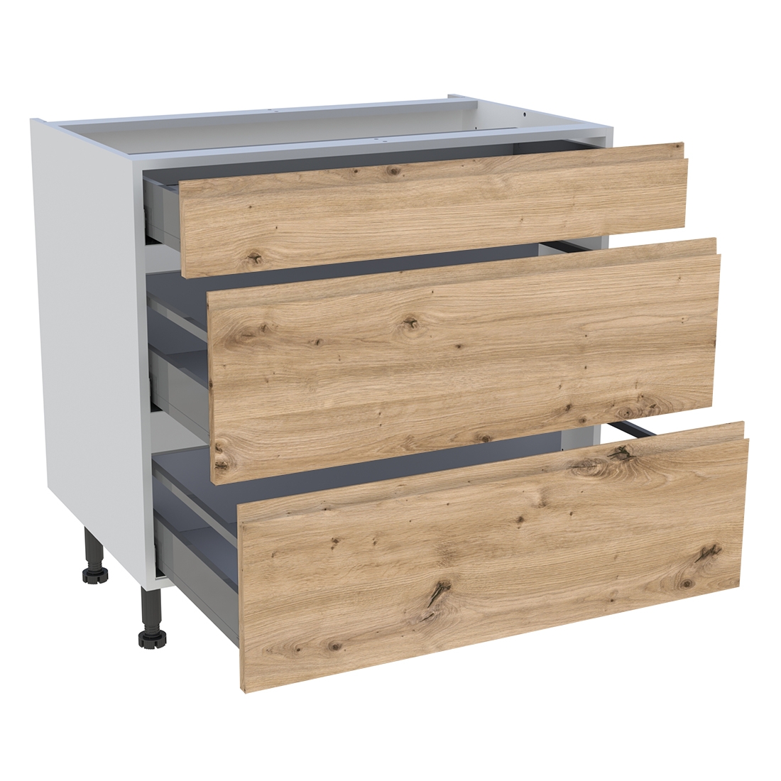 Meuble bas cuisine 1 tiroir, 2 casseroliers H. 87 cm x L. 90 cm - Chêne naturel sans poignée