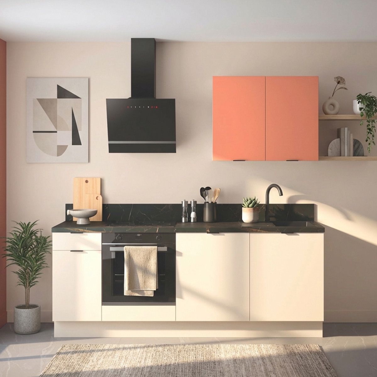 Cuisine complète Lin et Terracotta mat 220 cm - Avec Plan de travail et Crédence
