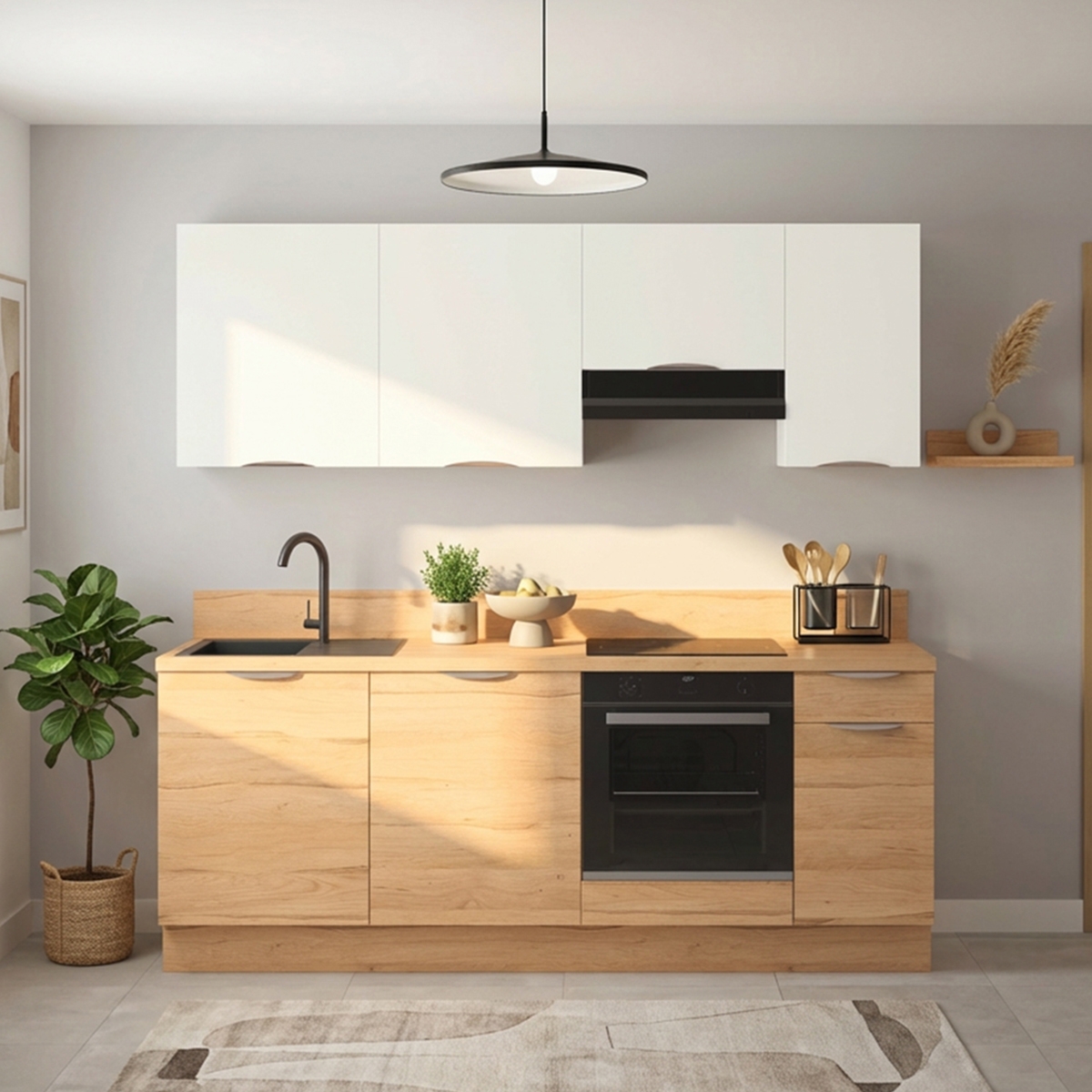 Cuisine complète Bois et Blanc mat 220 cm avec meuble hotte - Avec Plan de travail
