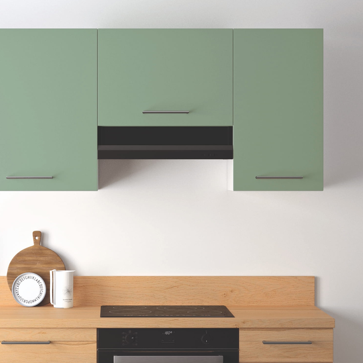 Cuisine complète Bois et Vert mat 220 cm avec meuble hotte - Avec Plan de travail