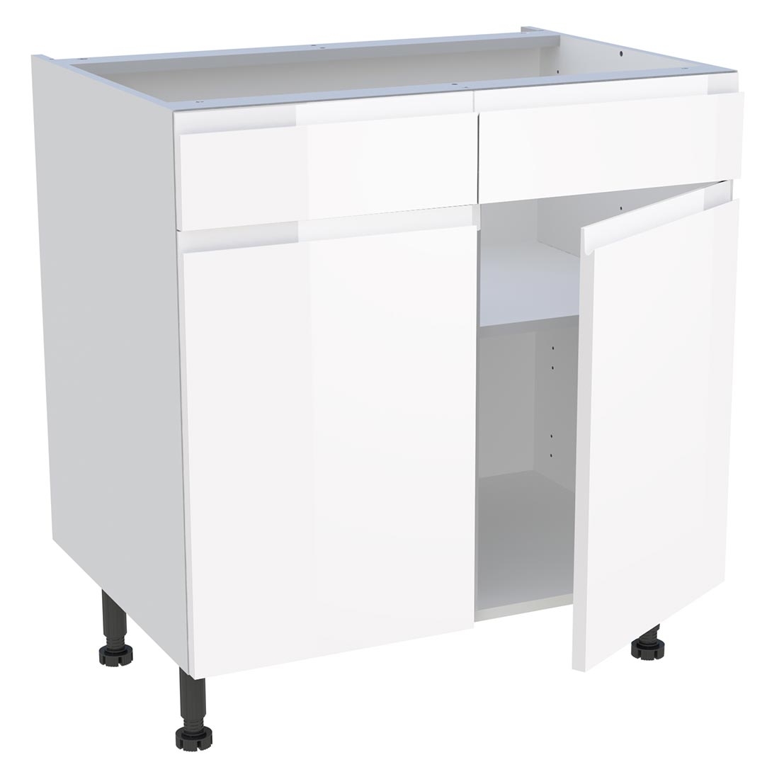 Meuble bas cuisine 2 portes, 2 faux tiroirs H. 87 cm x L. 80 cm - Blanc brillant sans poignée