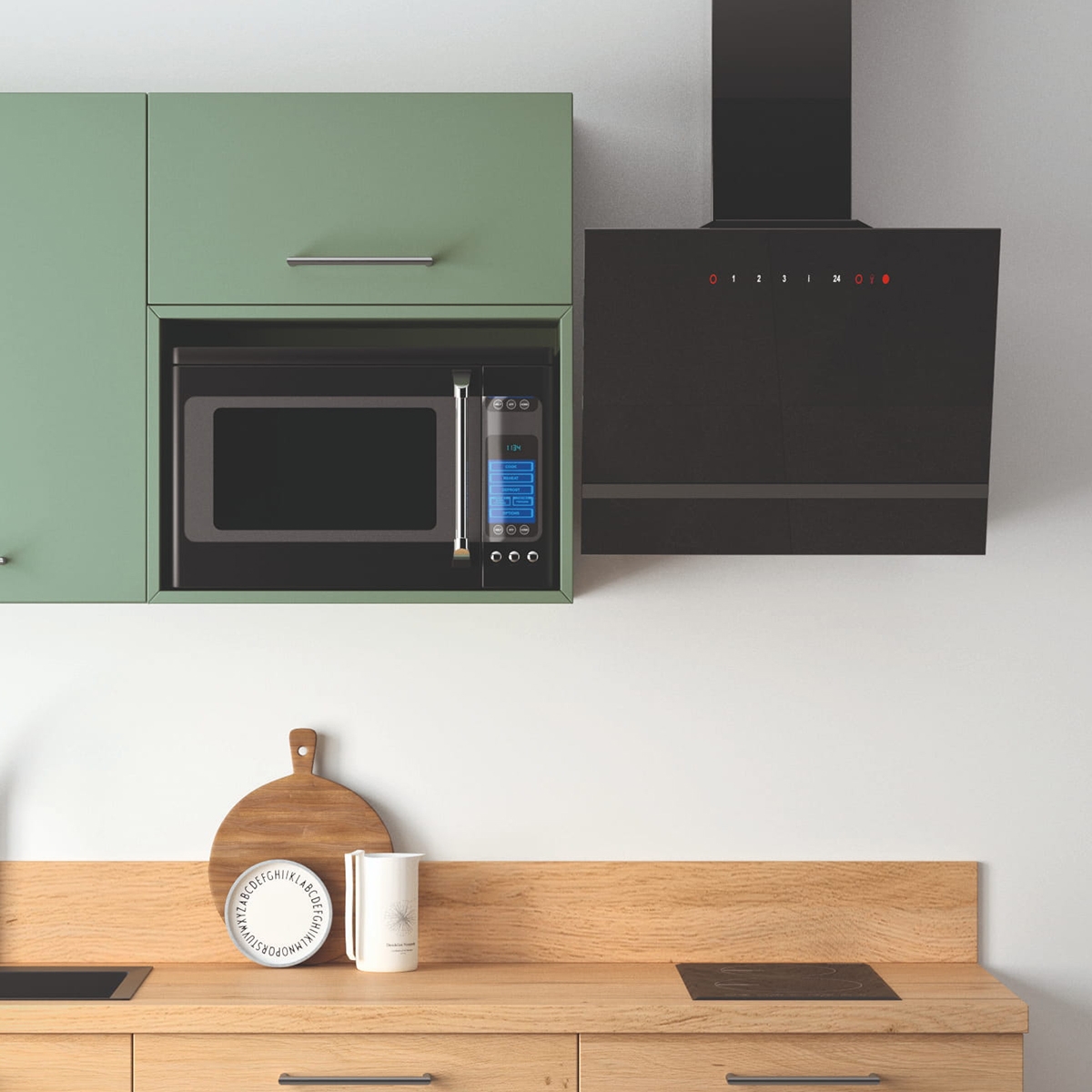 Cuisine complète Bois et Vert mat 180 cm avec meuble micro-ondes - Avec Plan de travail