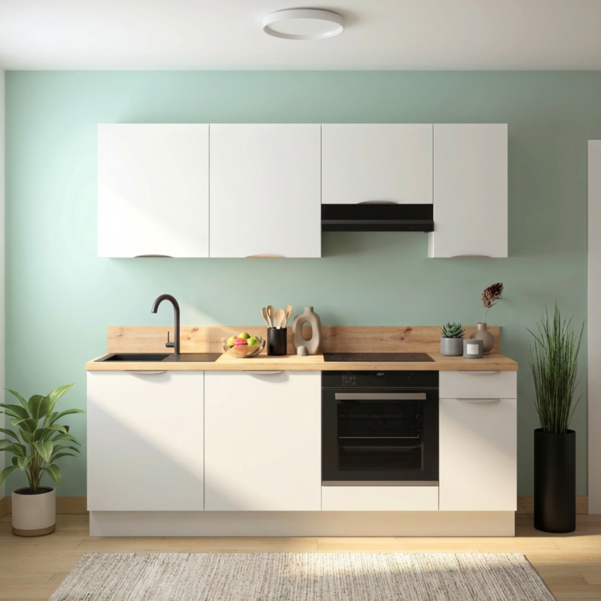 Cuisine complète Blanc mat 220 cm avec meuble hotte - Avec Plan de travail et Crédence