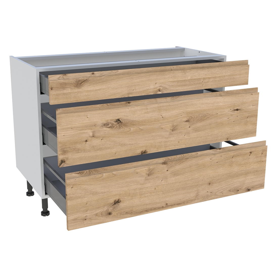 Meuble bas cuisine 1 tiroir, 2 casseroliers H. 87 cm x L. 120 cm - Chêne naturel sans poignée