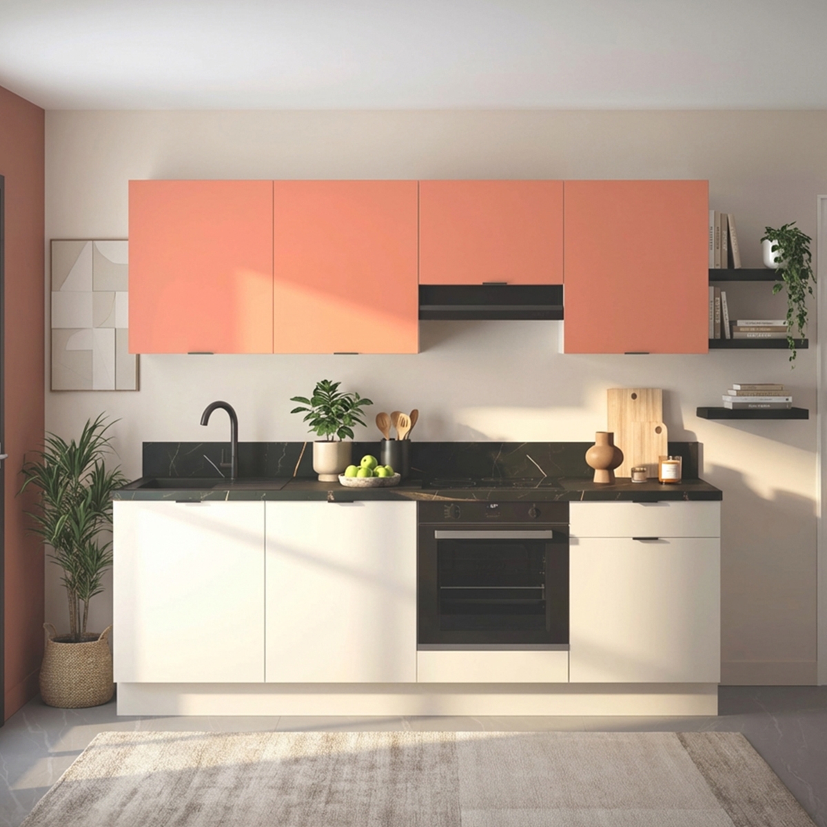 Cuisine complète Lin et Terracotta mat 240 cm avec meuble hotte - Avec Plan de travail et Crédence