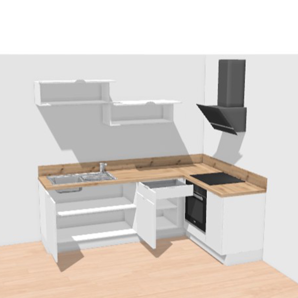Cuisine complète en angle meubles hauts relevants Bois et Vert mat 280 cm