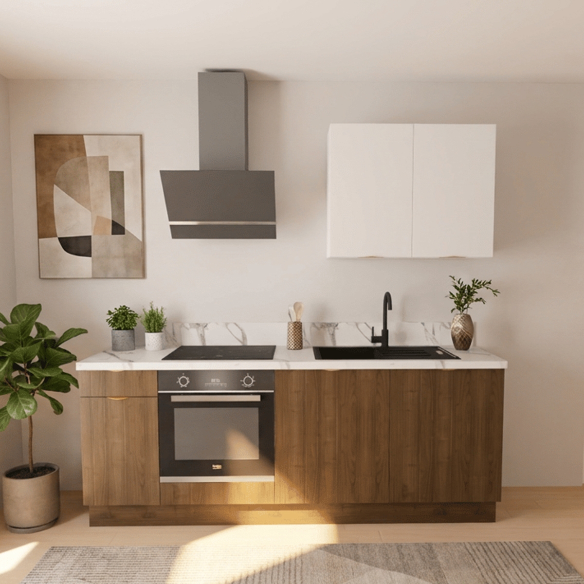 Cuisine complète Noyer et Blanc mat 220 cm - Avec Plan de travail et Crédence