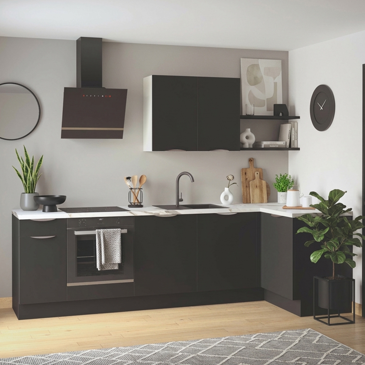 Cuisine complète en angle Noir mat 280 cm  - Avec Plan de travail