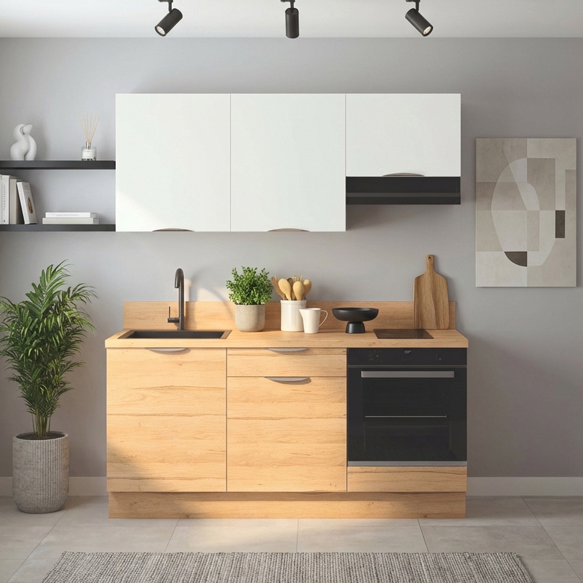 Cuisine complète Bois et Blanc mat 180 cm avec meuble four - Avec Plan de travail