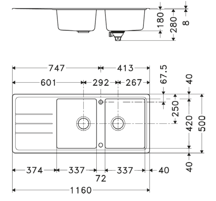 Evier 2 cuves avec égouttoir résine blanc
