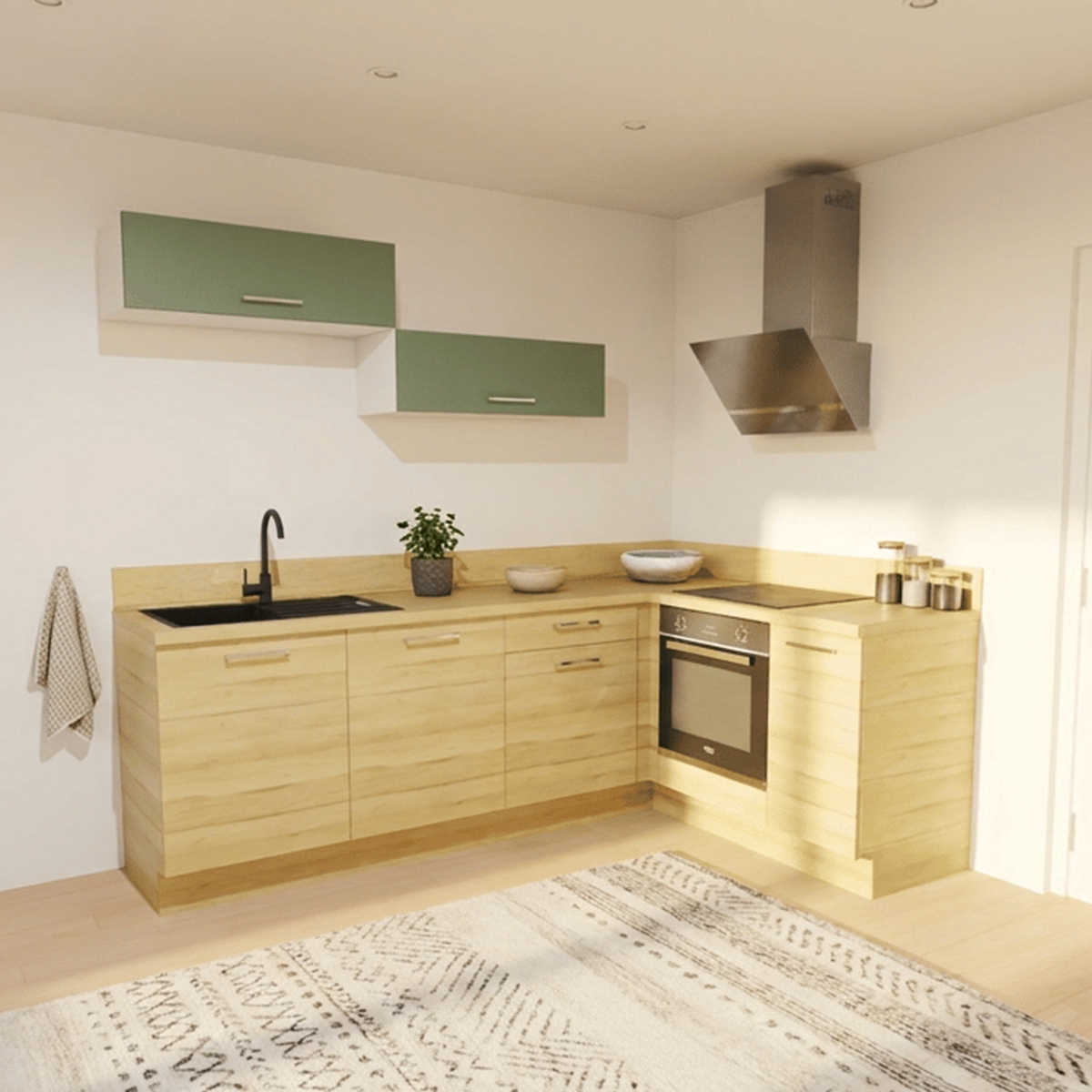Cuisine complète en angle meubles hauts relevants Bois et Vert mat 280 cm - Avec Plan de travail et Crédence