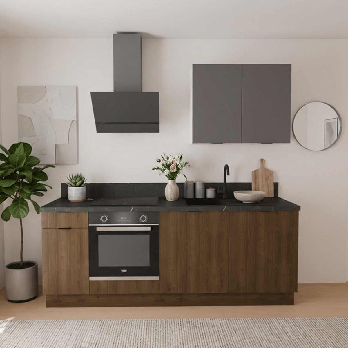 Cuisine complète Noyer et Gris mat 220 cm - Avec Plan de travail et Crédence