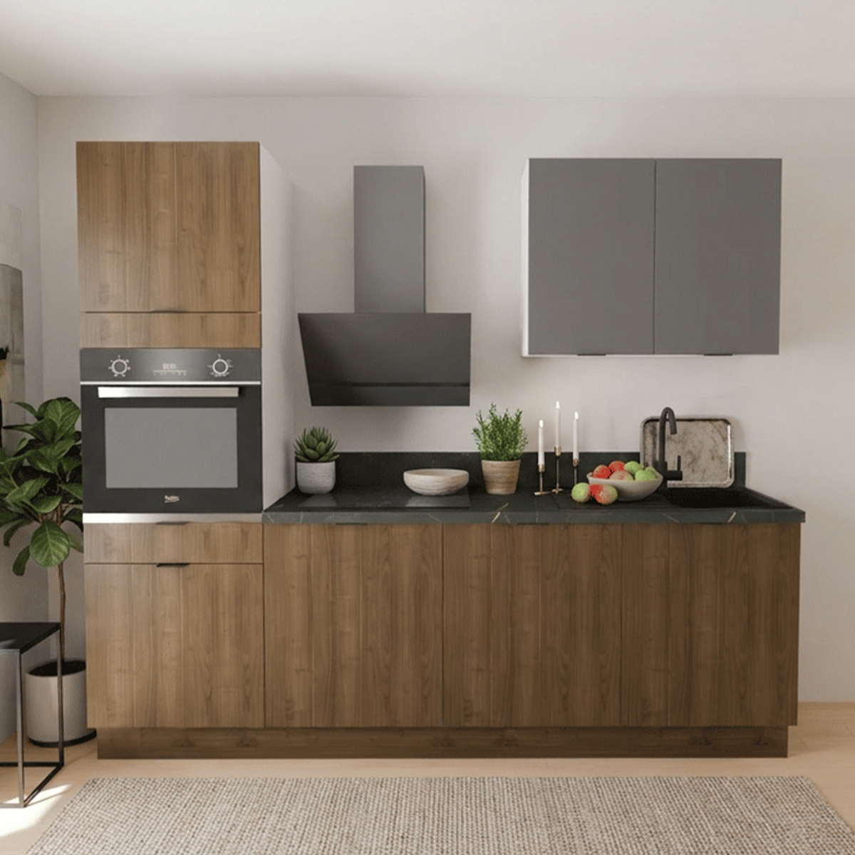Cuisine complète Noyer et Gris mat 240 cm avec meuble colonne