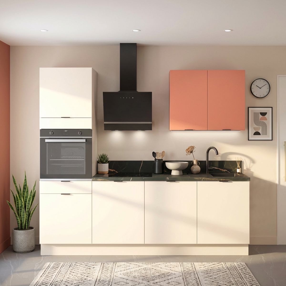 Cuisine complète Lin et Terracotta mat 240 cm avec meuble
  colonne - Avec Plan de travail et Crédence