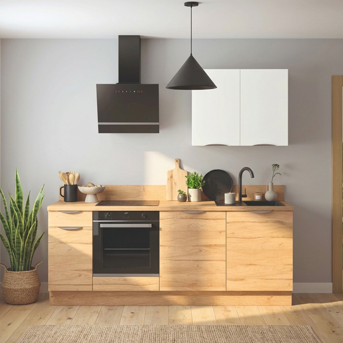 Cuisine complète Bois et Blanc mat 220 cm - Avec Plan de travail