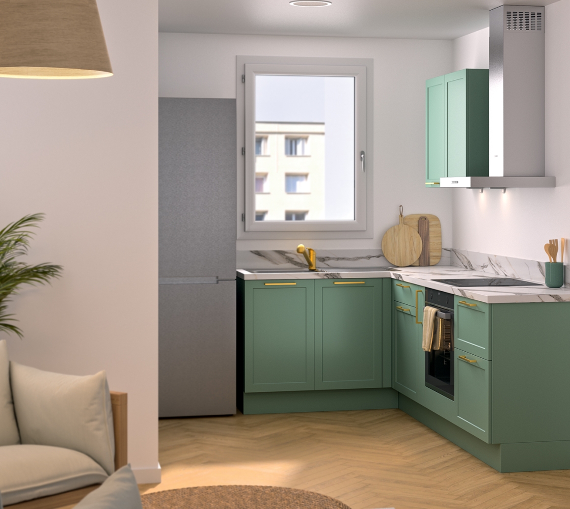 Modèle Vert Sauge Cadre – Cuisine en angle