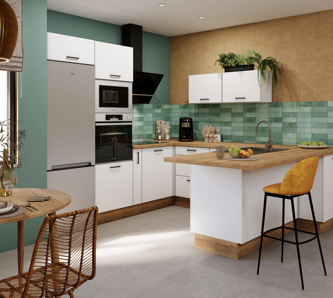 Modèle Blanc Mat – Cuisine en U avec coin repas