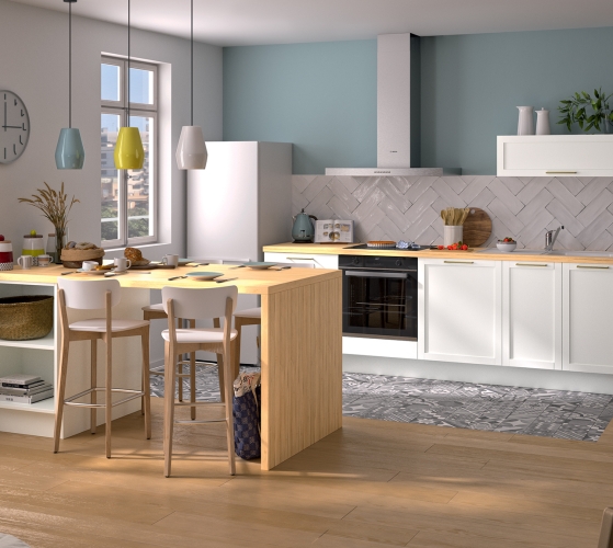Modèle Blanc Cadre – Cuisine en I avec ilot