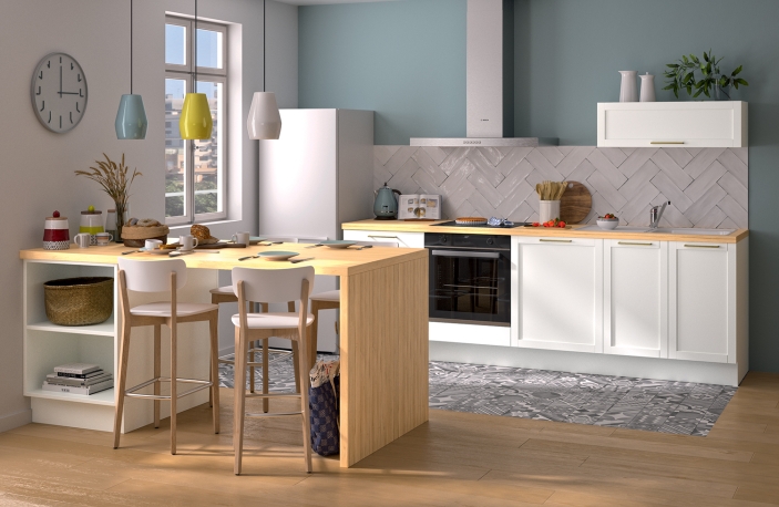 Modèle Blanc Cadre – Cuisine en I avec ilot