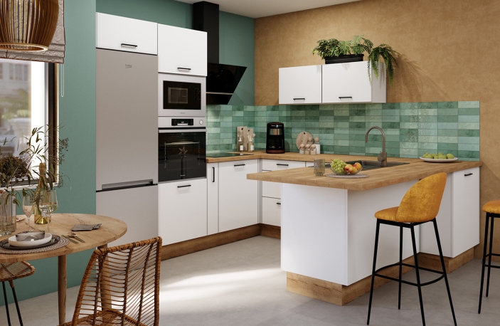 Modèle Blanc Mat – Cuisine en U avec coin repas