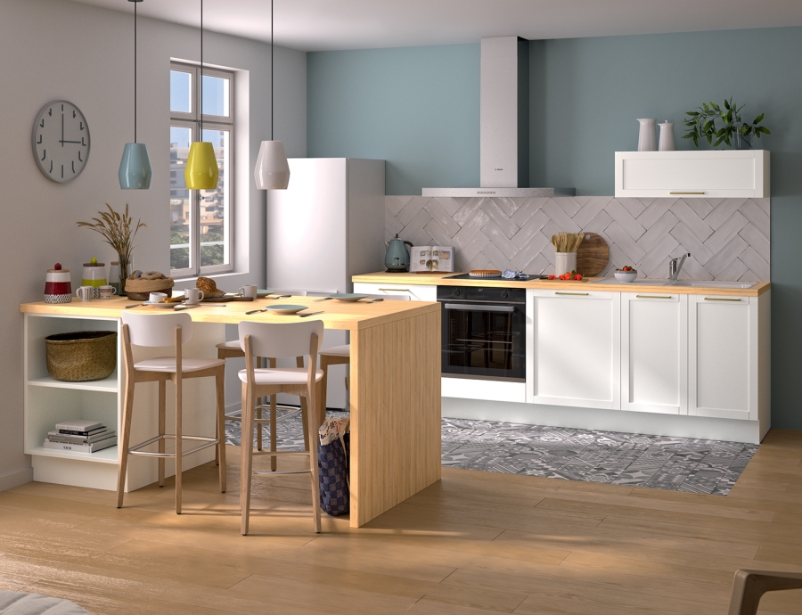 Modèle Blanc Cadre – Cuisine en I avec ilot