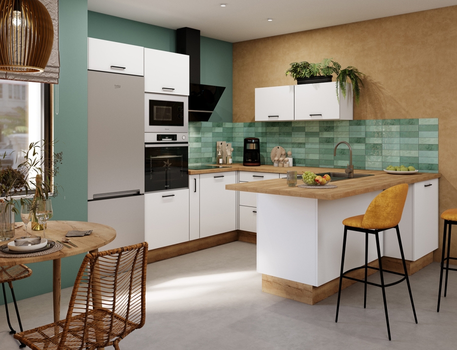 Modèle Blanc Mat – Cuisine en U avec coin repas