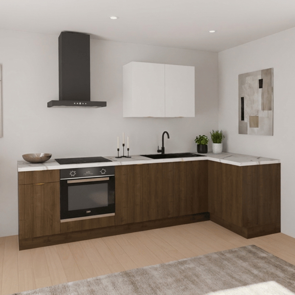 Cuisine complète en angle Noyer et Blanc mat 280 cm
