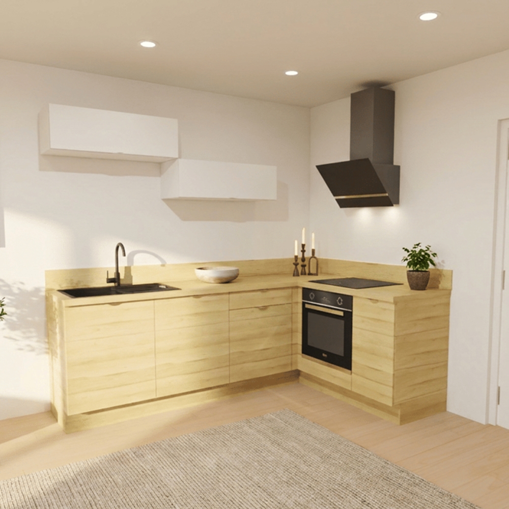 Cuisine complète en angle meubles hauts relevants Bois et Blanc mat 280 cm 