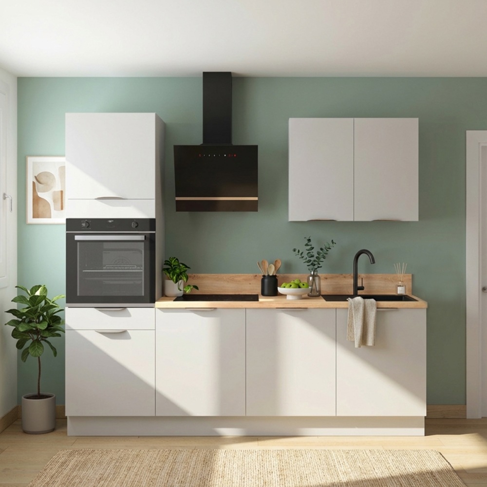 Cuisine complète Blanc mat 240 cm avec meuble colonne - Avec Plan de travail