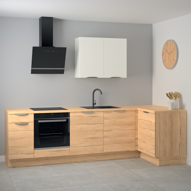 Cuisine complète en angle Bois et Blanc mat 280 cm