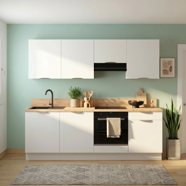 Cuisine complète Blanc mat 240 cm avec meuble hotte