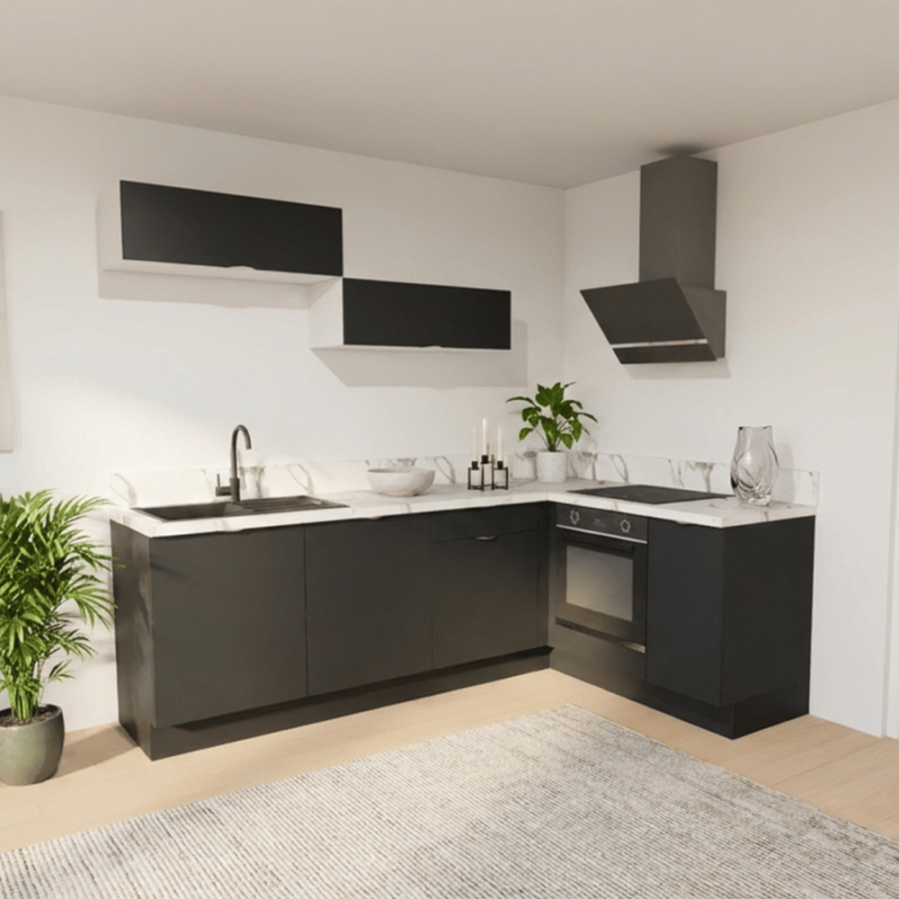 Cuisine complète en angle meubles hauts relevants Noir mat 280 cm 