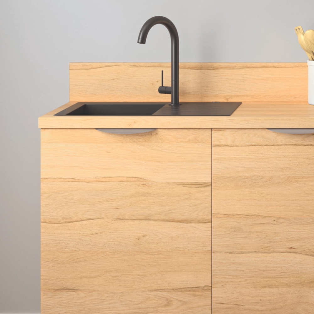 Cuisine complète Bois et Blanc mat 220 cm avec meuble hotte