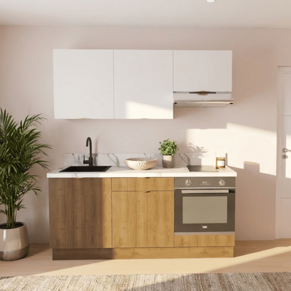 Cuisine complète Noyer et Blanc mat 180 cm avec meuble four