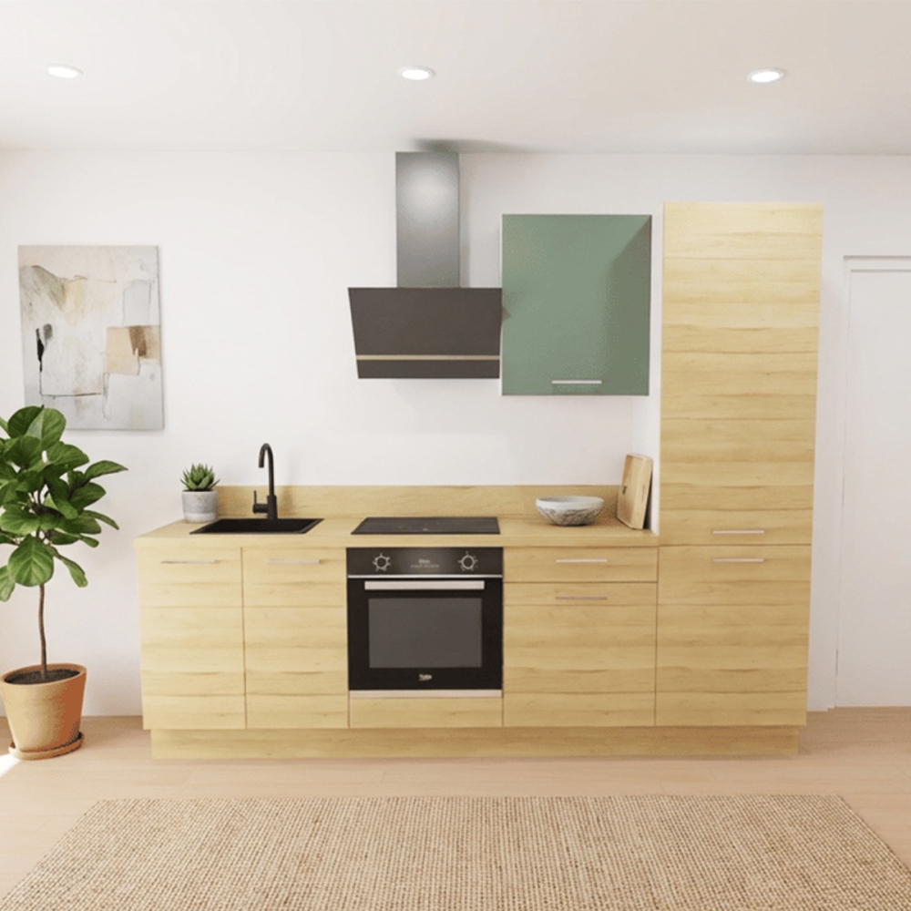 Cuisine complète Bois et Vert mat 260 cm avec meuble colonne
