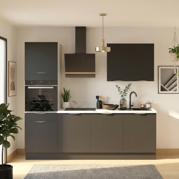 Cuisine complète Noir mat 240 cm avec meuble colonne