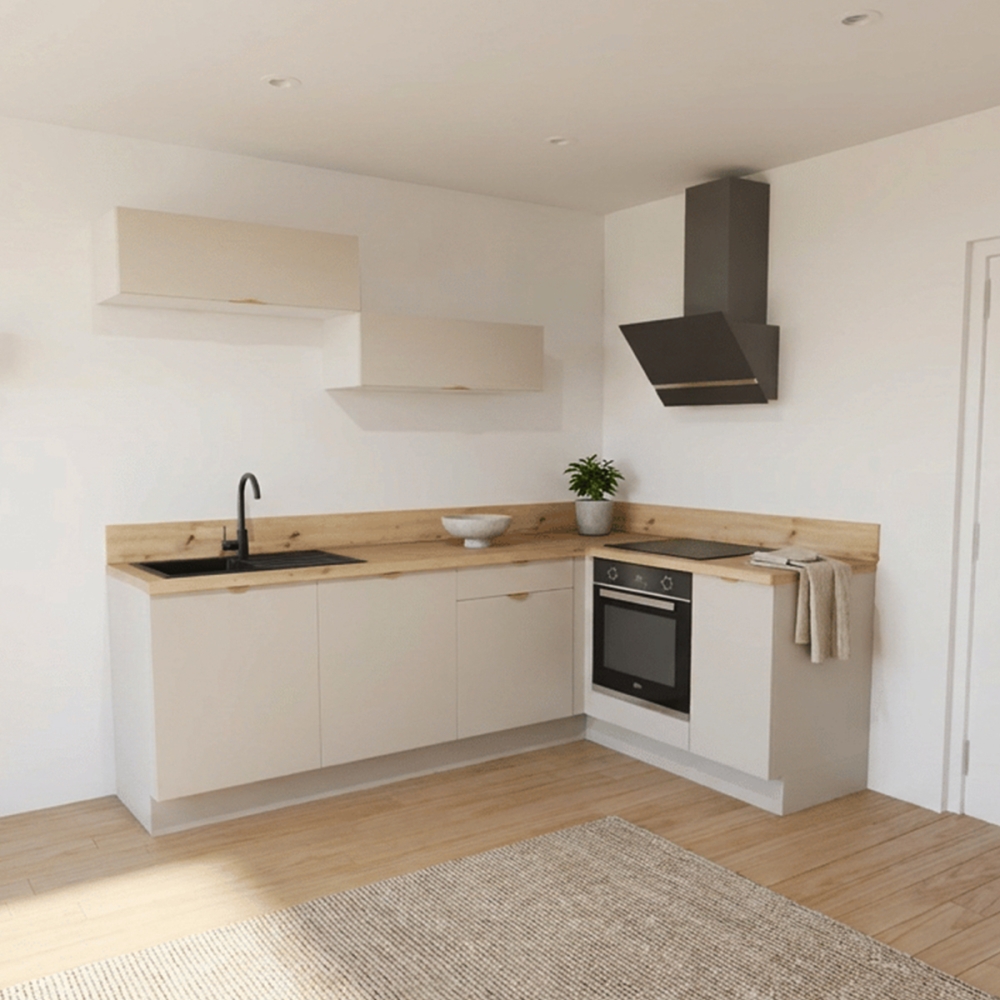 Cuisine complète en angle meubles hauts relevants Lin mat 280 cm - Avec Plan de travail