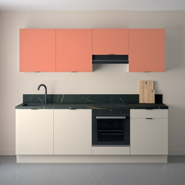 Cuisine complète Lin et Terracotta mat 240 cm avec meuble hotte